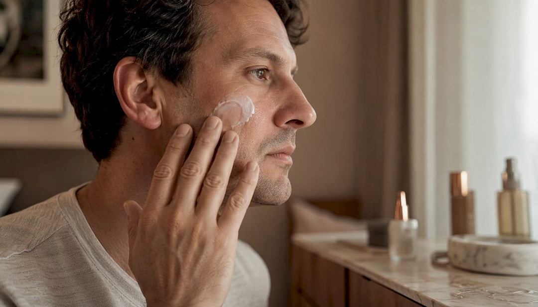 Man applying collagen cream on face