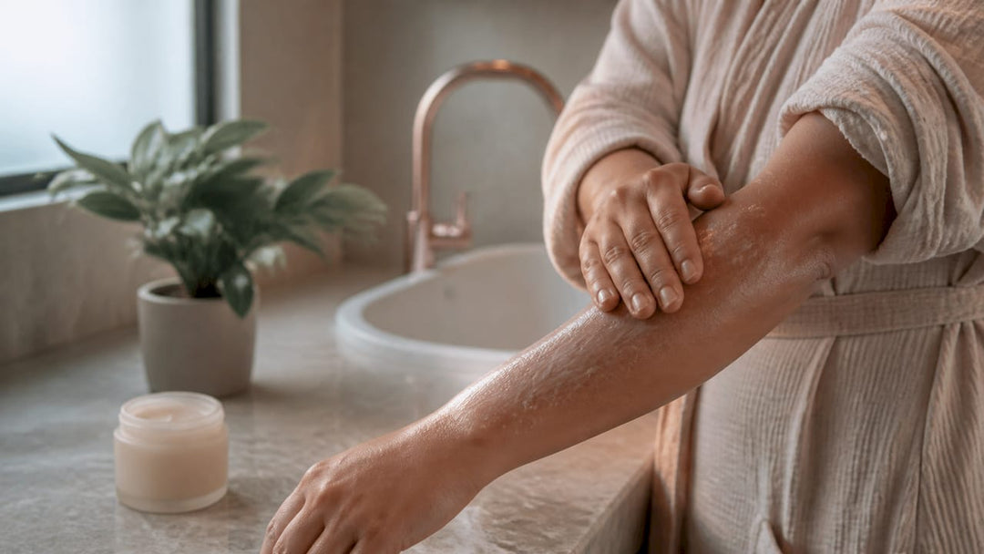 Applying body lotion to skin forearm