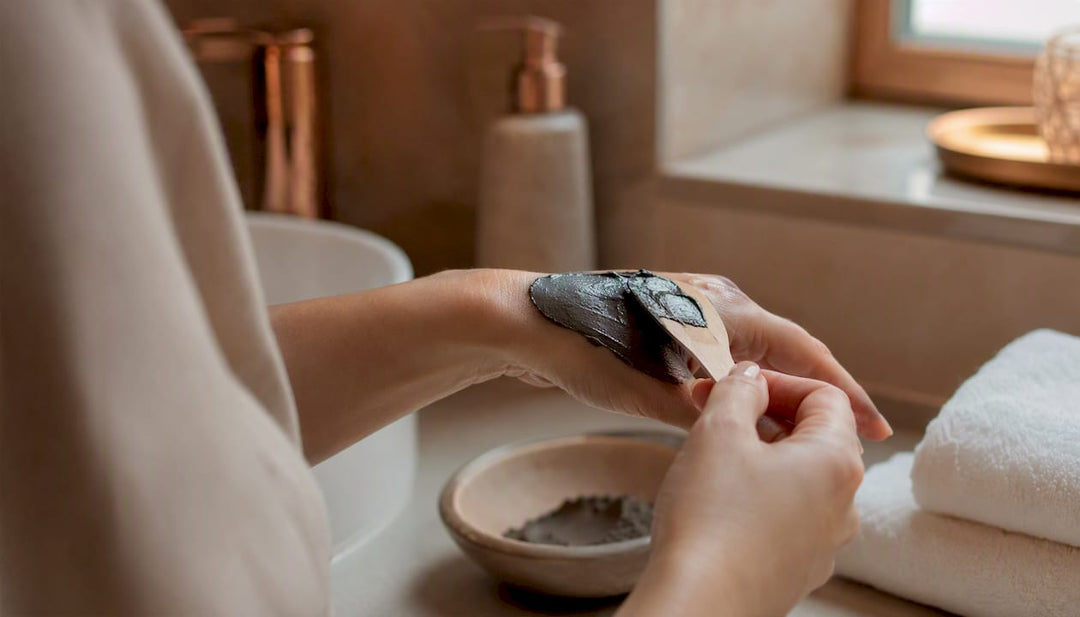 Hands applying charcoal mask on bathroom sink edge