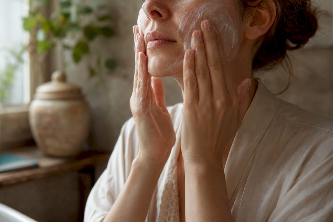 Hands applying creamy cold cream to face