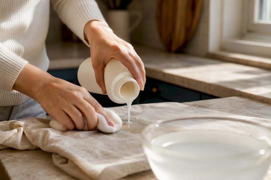 Hands treating fabric stain with enzyme cleaner
