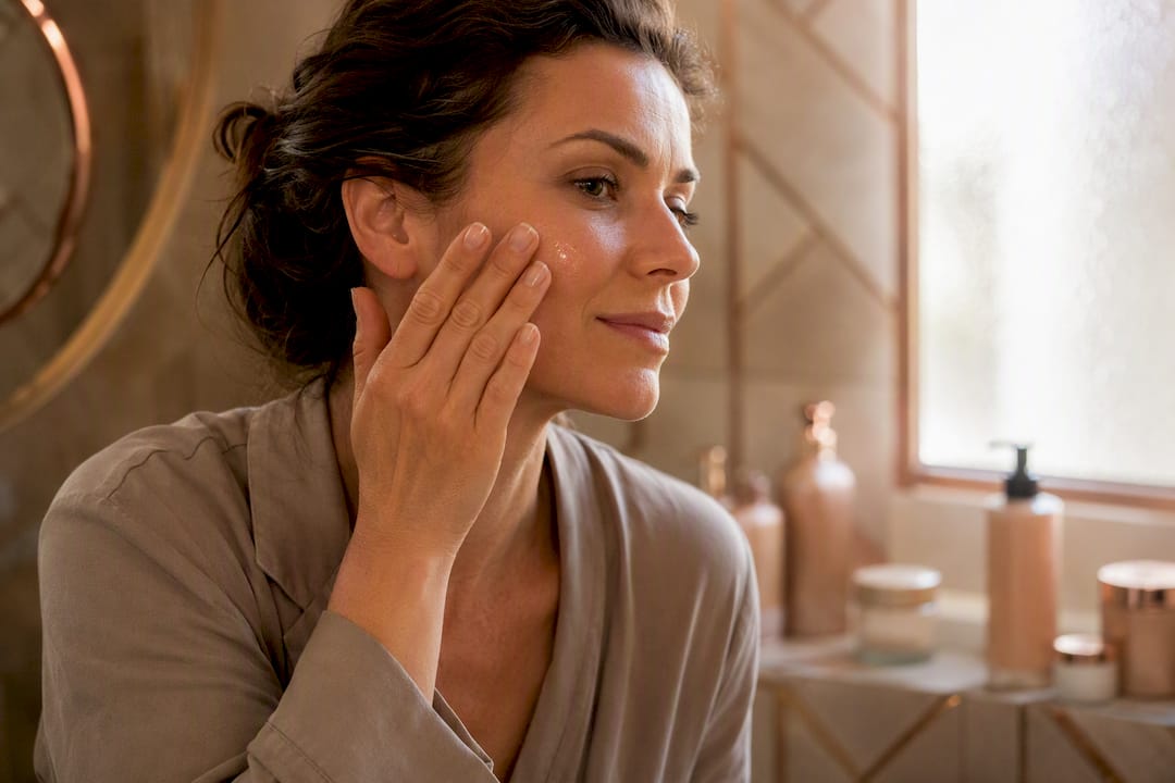Woman applying collagen serum to face