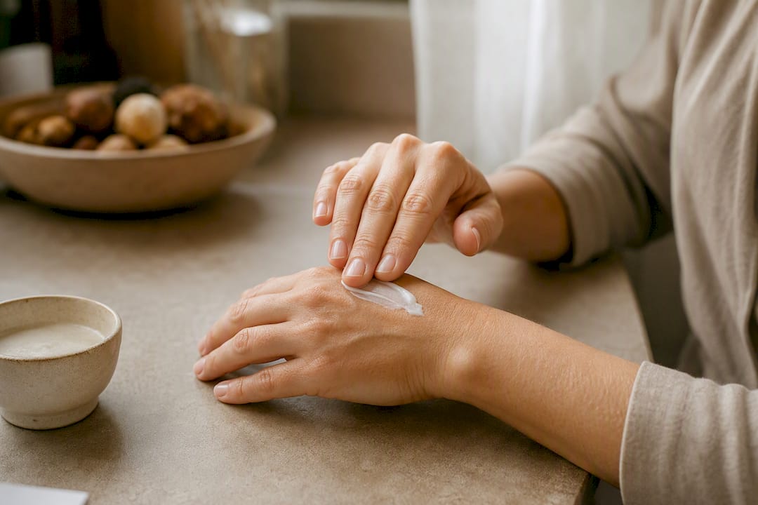 Hands applying moisturizing hand cream
