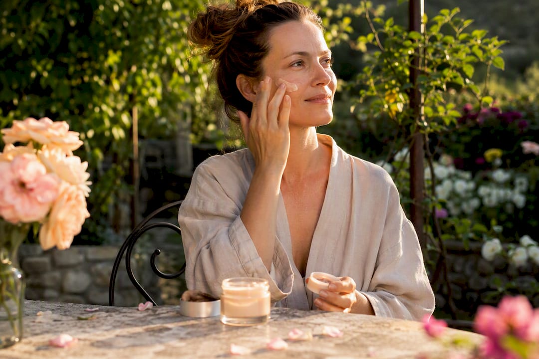 Woman applying collagen face cream on cheek