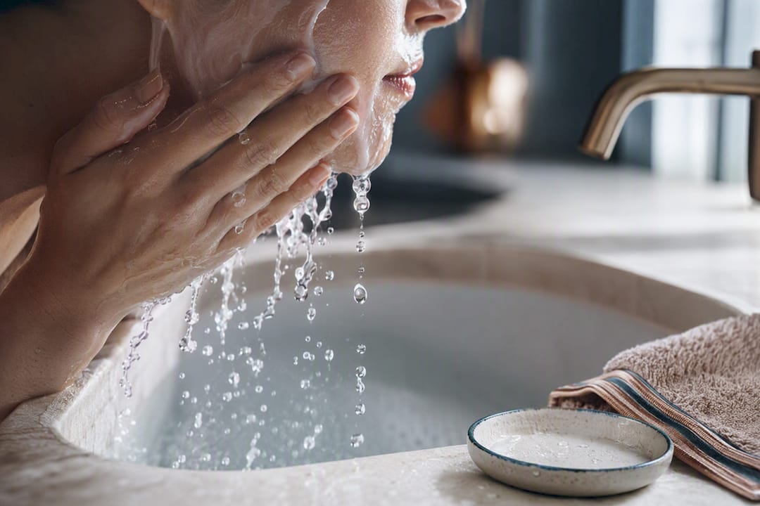 Hands rinsing milky cleanser from cheek