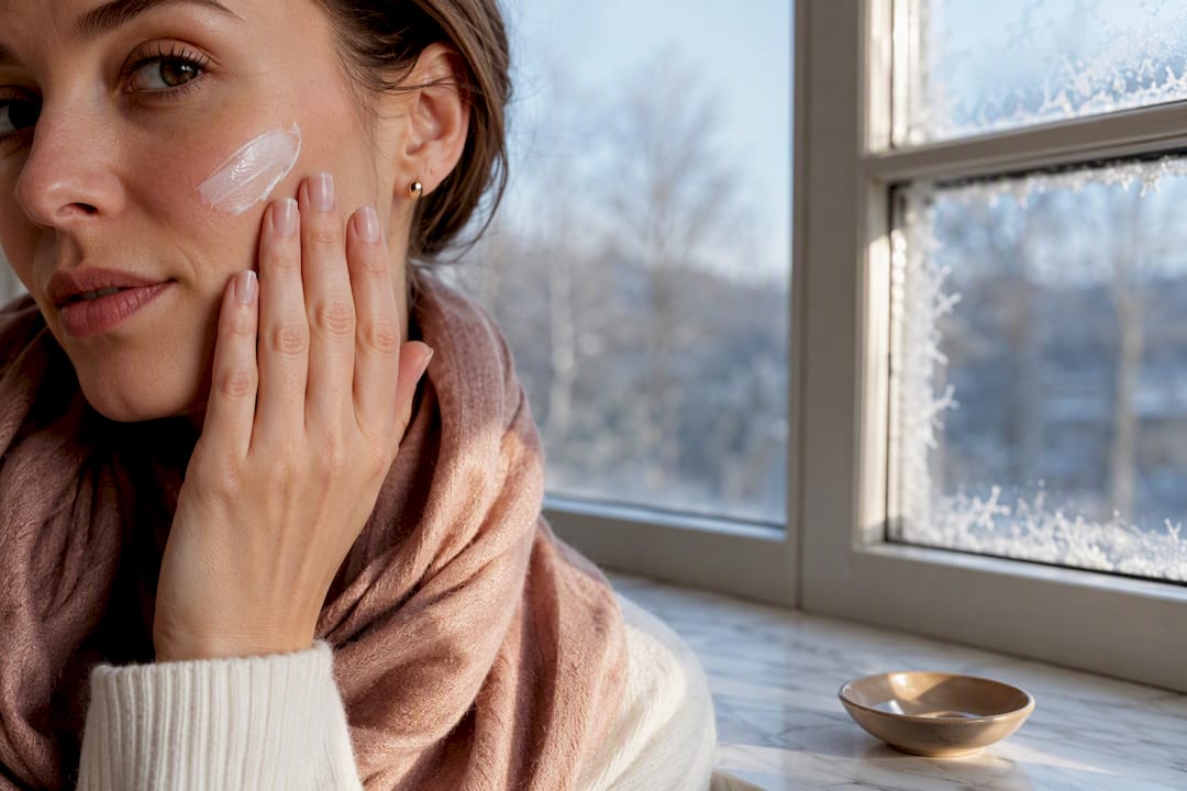Woman applying sunscreen beside winter window