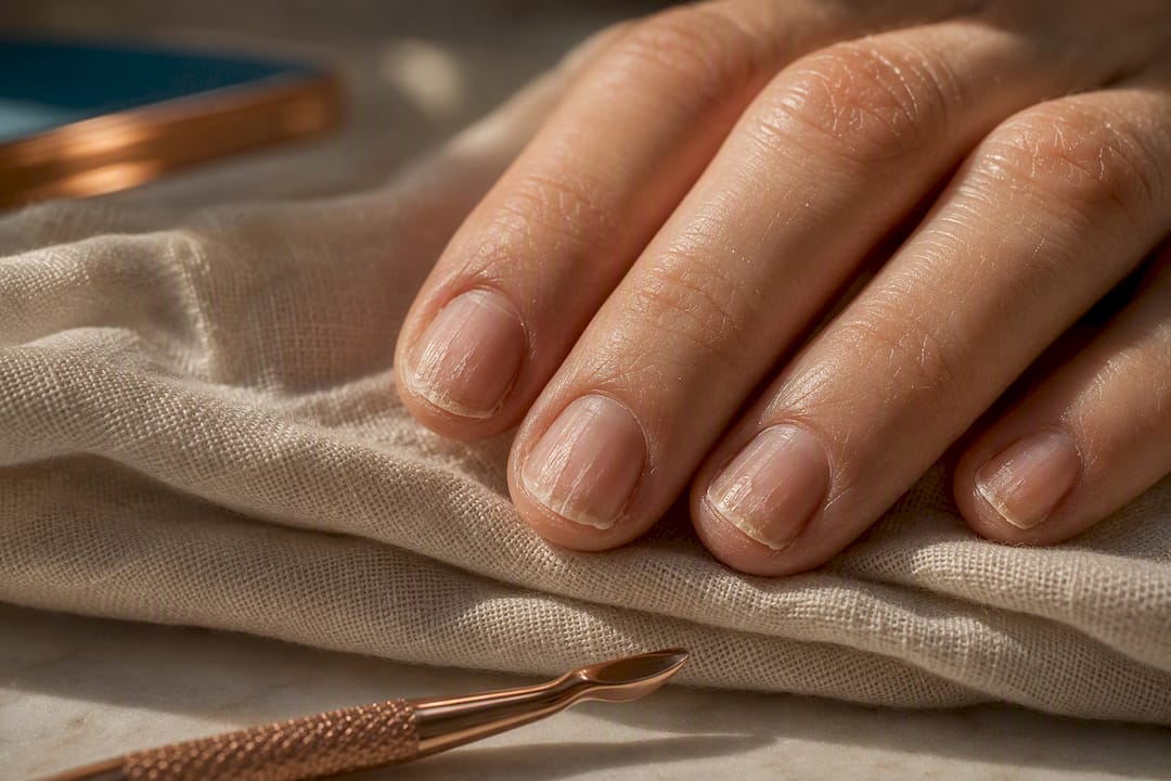 Close-up of visibly brittle fingernails