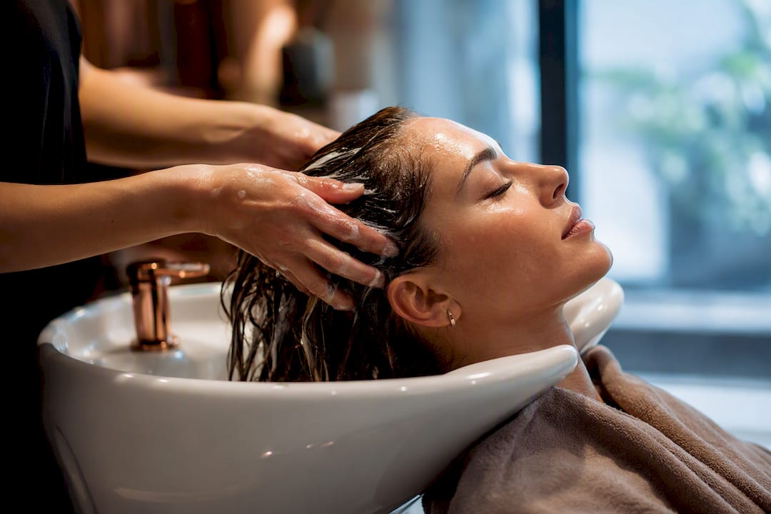 Hair being rinsed at a salon wash station