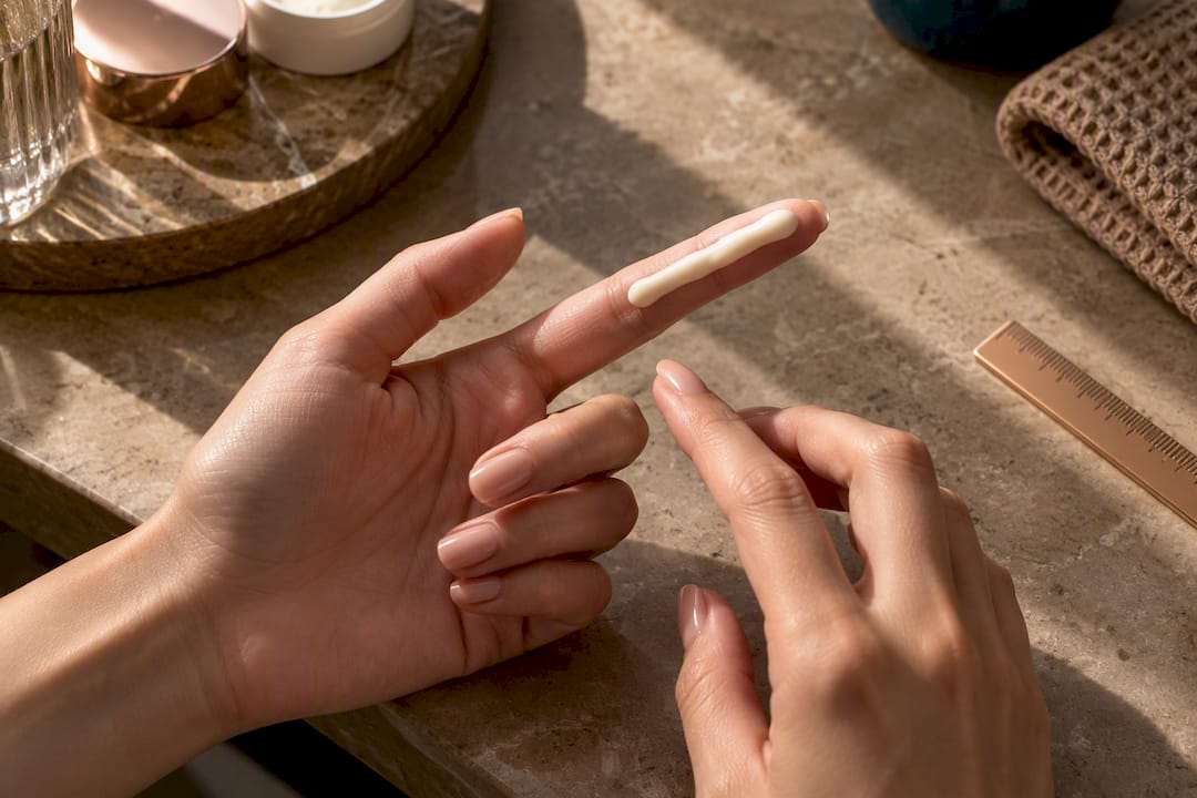 Hands measuring two fingertip units of cream