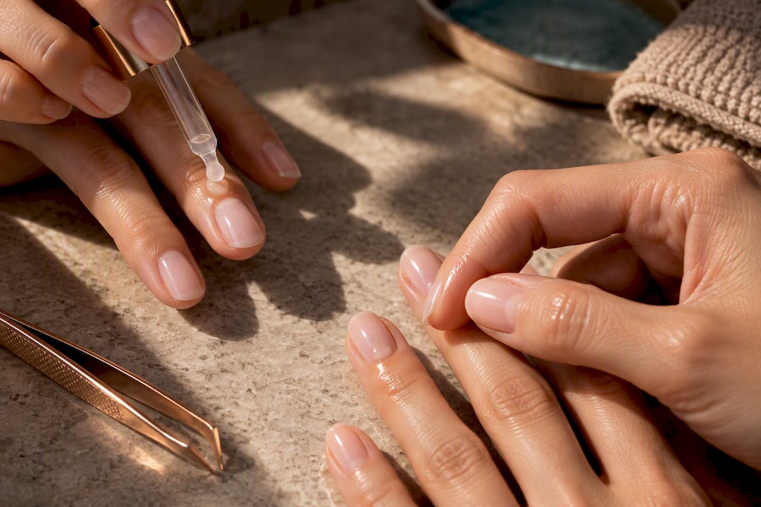 Hands comparing remover and oil nail care