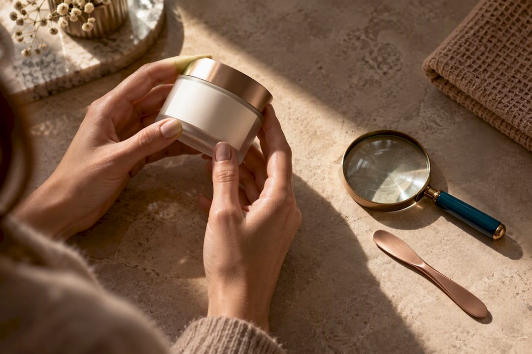 Hands inspecting an anonymous skincare label