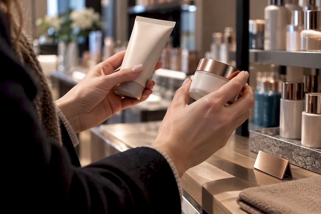 Shopper comparing anonymous cosmetic products