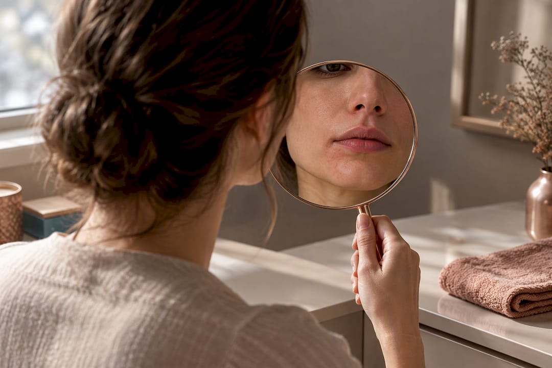Woman examining perioral dermatitis redness