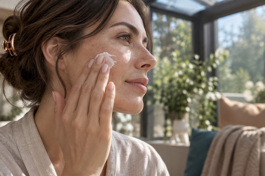 Woman applying sunscreen to cheek