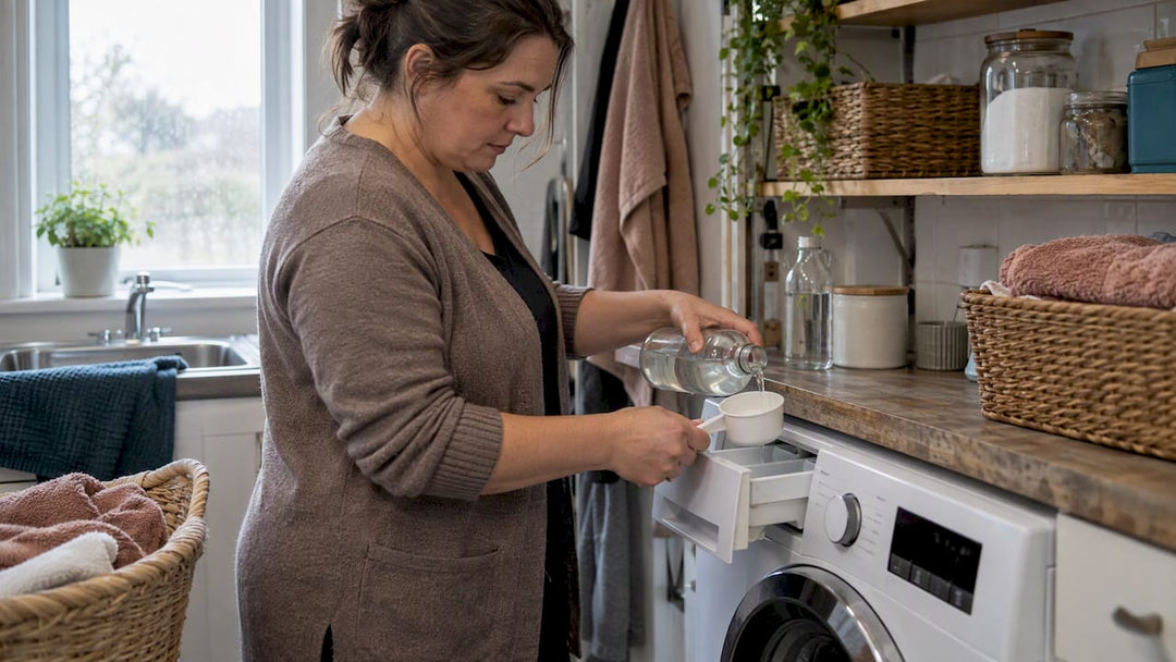 Woman adding vinegar to washing machine