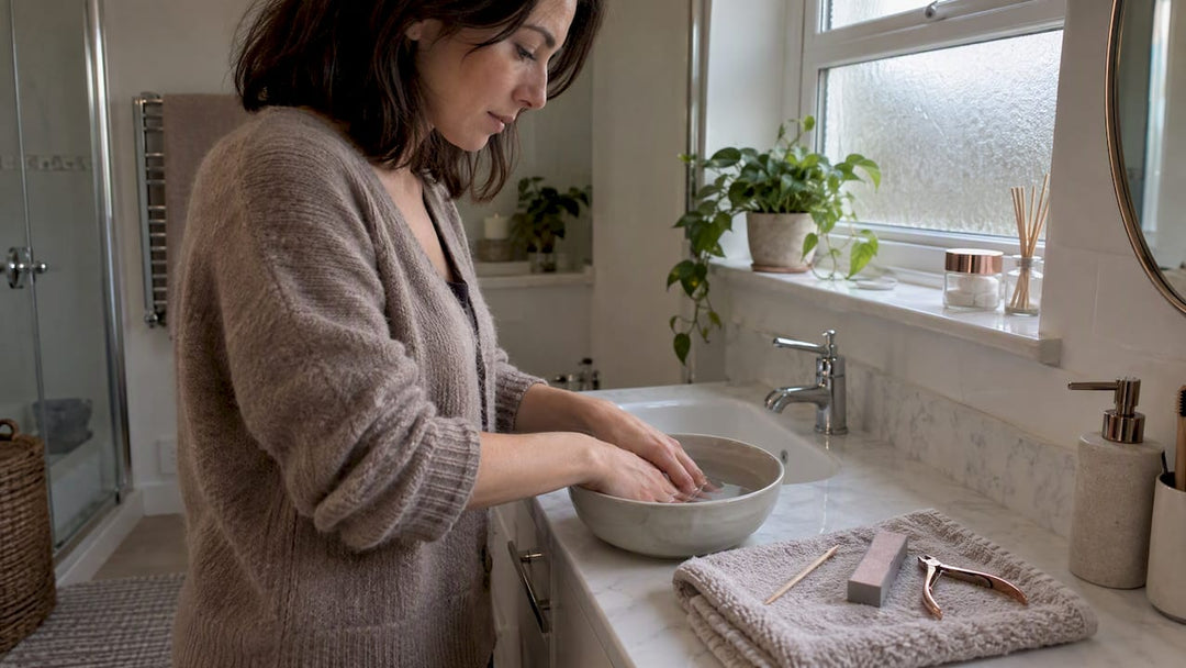 Hands soaking fingertips for cuticle care