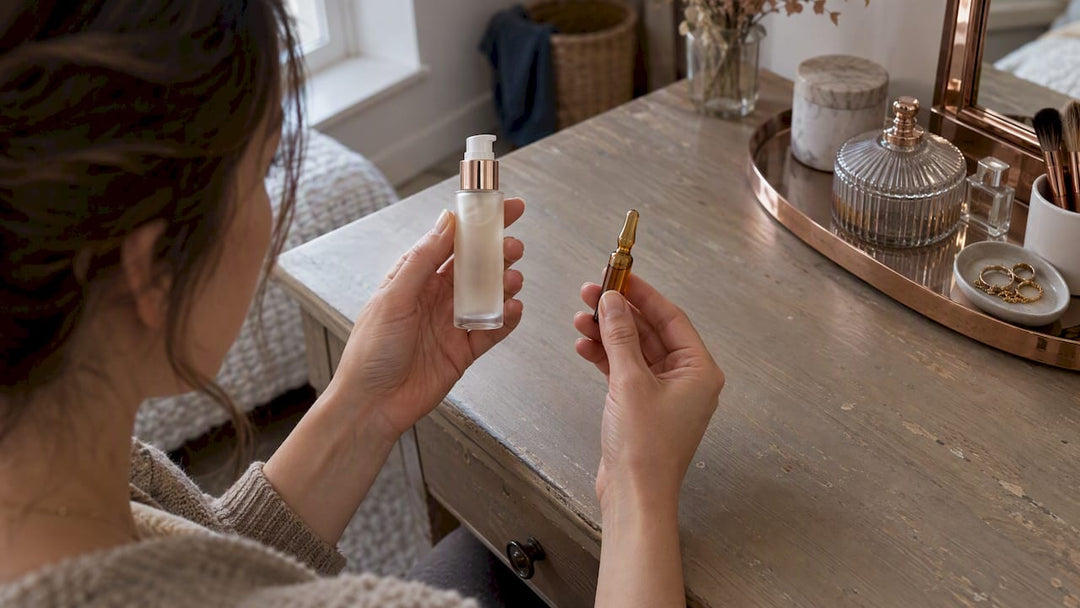 Serum and ampoule compared on dressing table