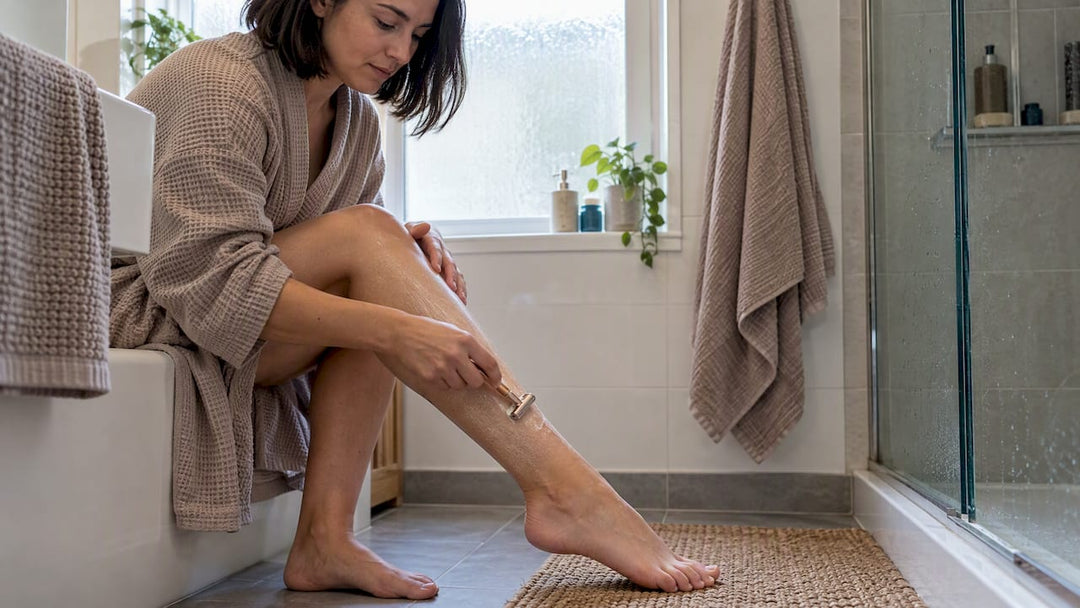 Woman carefully shaving her lower leg