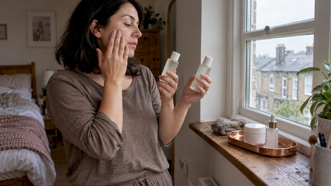 Woman comparing two acid skincare treatments