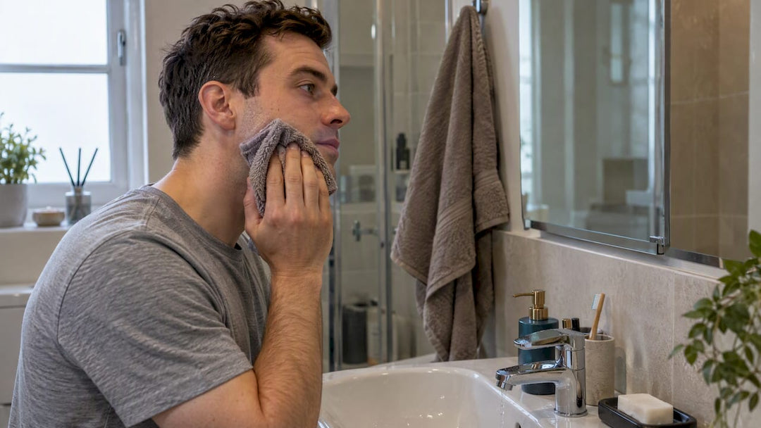 Man cooling freshly shaved cheek with cloth