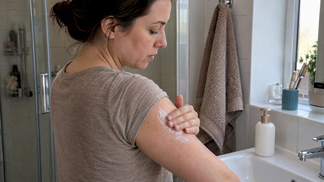 Woman applying lotion to rough upper arm