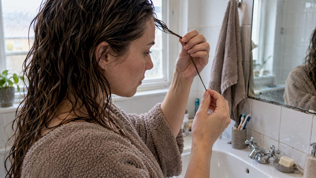 Woman checking elasticity of damp hair