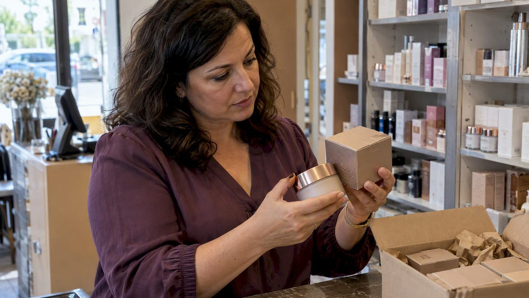 Retailer checking cosmetic packaging for authenticity