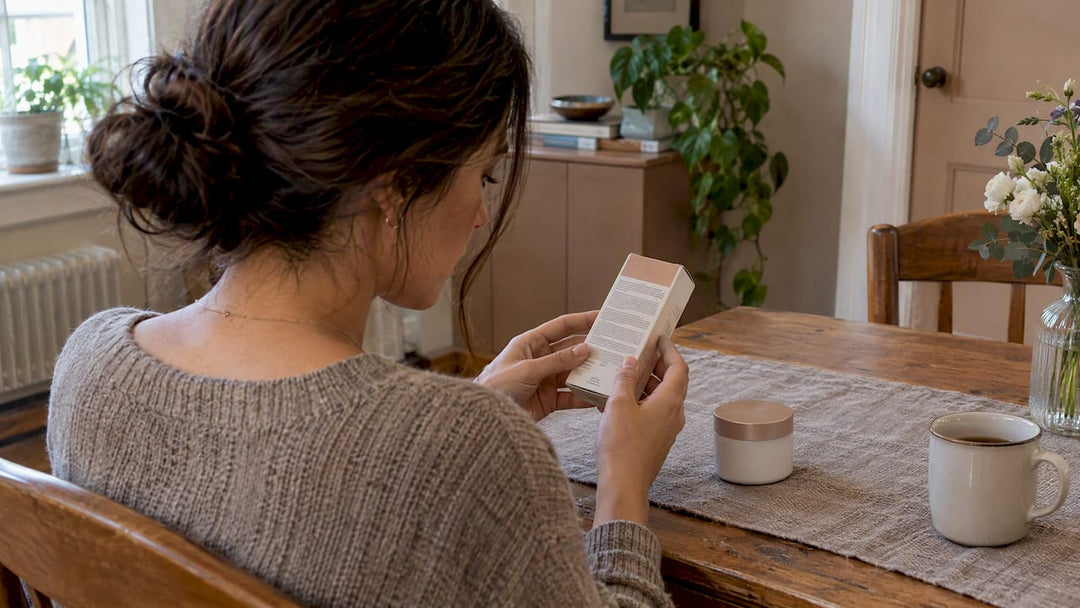 Shopper inspecting a Polish skincare carton label