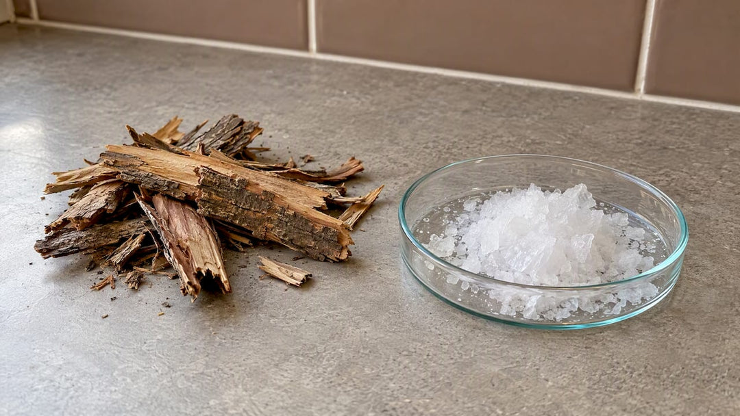 Willow bark beside salicylic acid crystals