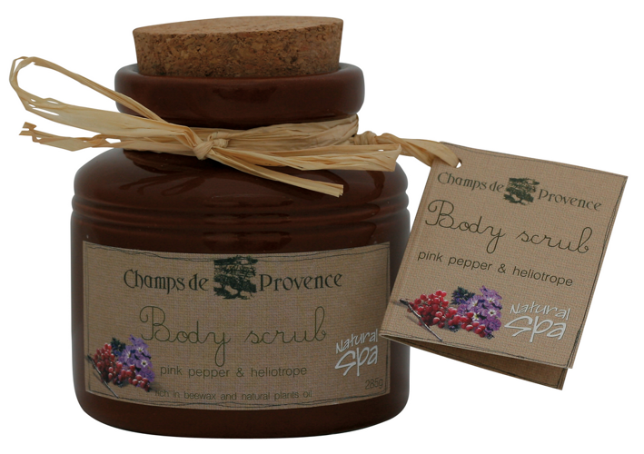 Champs de Provence - Peeling do ciała RÓŻOWY PIEPRZ I HELIOTROP (jasny słoik) 285 g 5060061203647