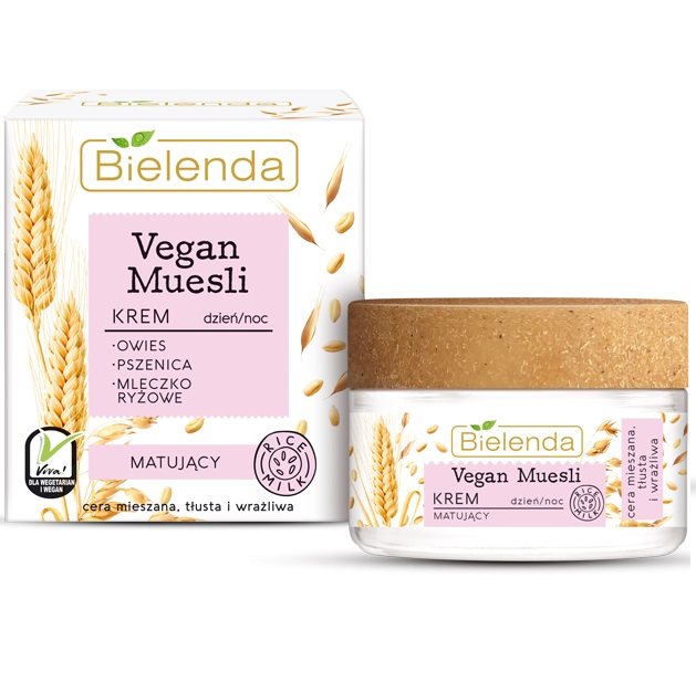 Bielenda Vegan Muesli Matting Face Cream Oat, Wheat, Rice Milk dla skóry mieszanej tłustej na dzień/noc 50ml 