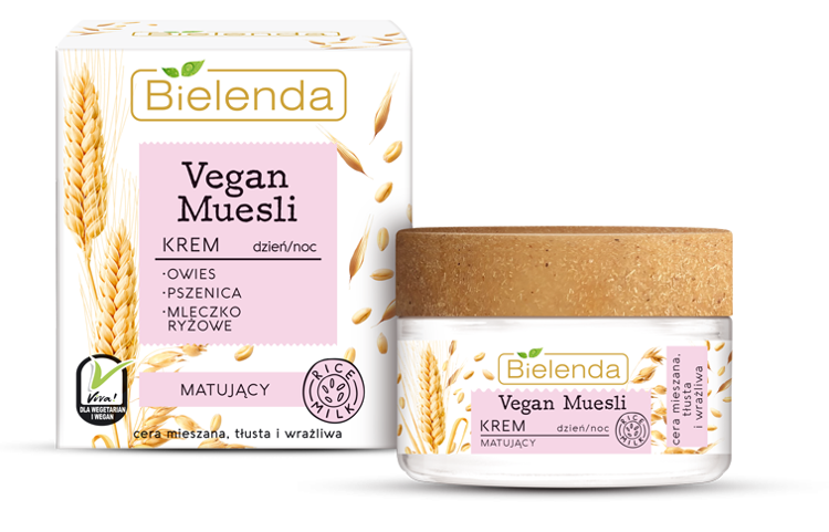 Bielenda Vegan Muesli Matting Face Cream Oat, Wheat, Rice Milk dla skóry mieszanej tłustej na dzień/noc 50ml 