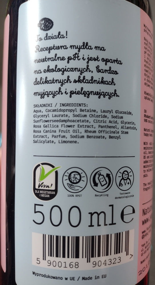 Yope - Naturalne mydło w płynie do rąk 98% składników pochodzenia naturalnego RABARBAR i RÓŻA 500ml 5900168904323