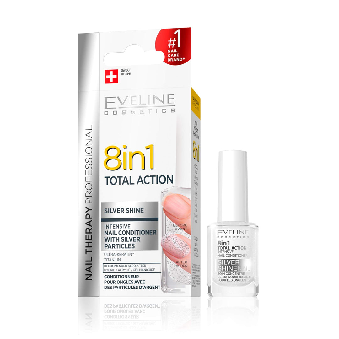 Eveline Nail Therapy Total Action Koncentrat Odżywki do Paznokci z Cząsteczkami Srebra 8w1 Srebrny Połysk 12ml