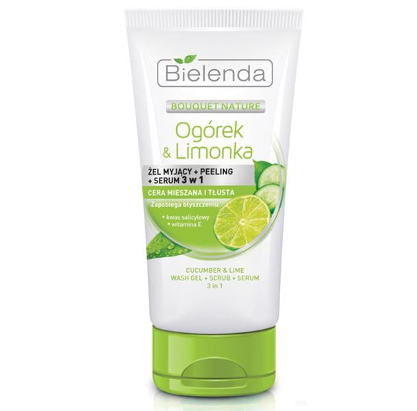 Bielenda Cucumber &amp; Lime 3w1 Wash Gel Scrub Serum Anti-Shine Skóra Mieszana 150g