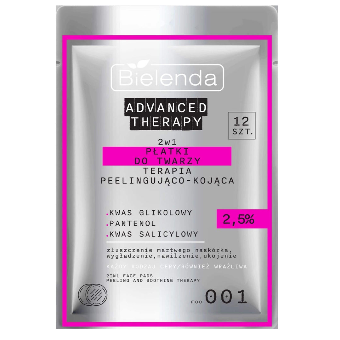 Bielenda Advanced Therapy 2w1 Płatki do twarzy Peeling i terapia łagodząca z 2,5% kwasem glikolowo-salicylowym i pantenolem 12 szt.